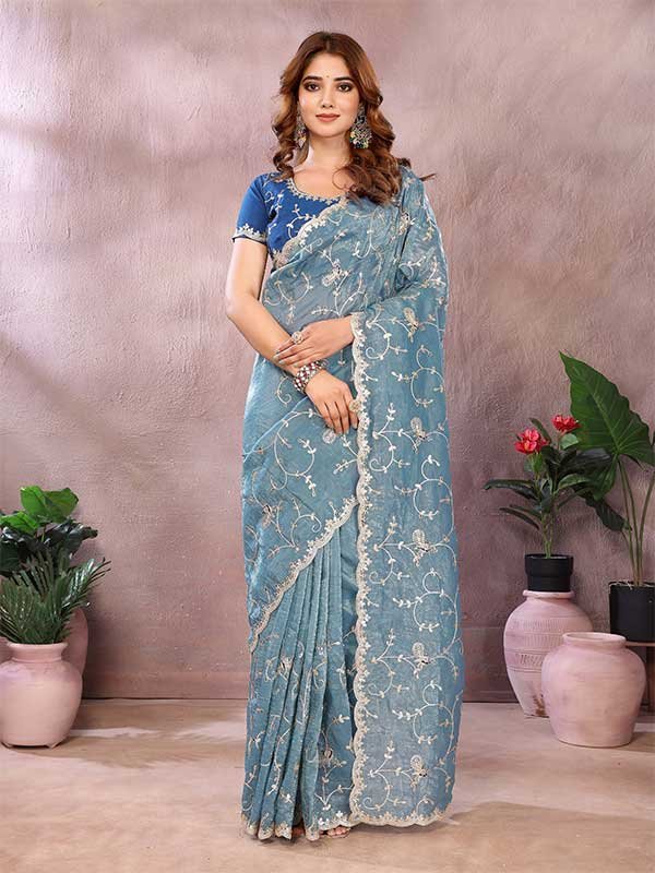 Embroidered Lycra Net Saree with Scalloped Lace Border D.NO.977 BLUE
